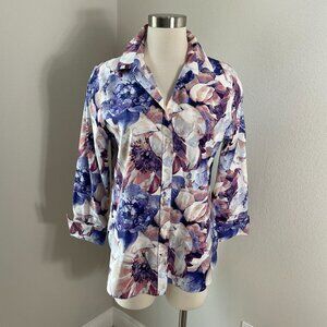 Chicos Womens 8 No Iron Chic Stretch Floral Button Up Shirt 3/4 Sleeve Blouse